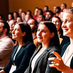 **Improv speaker connecting with audience, warm lighting, engaging expression, modern conference setting.** (Focus on the authenticity aspect and connection with people)