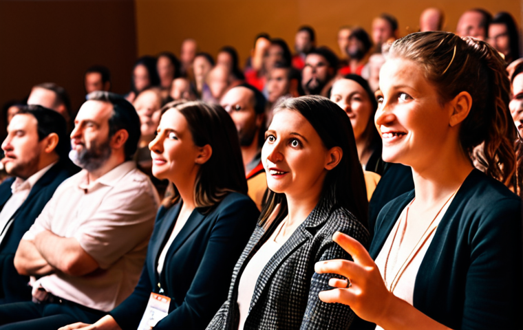 **Improv speaker connecting with audience, warm lighting, engaging expression, modern conference setting.** (Focus on the authenticity aspect and connection with people)