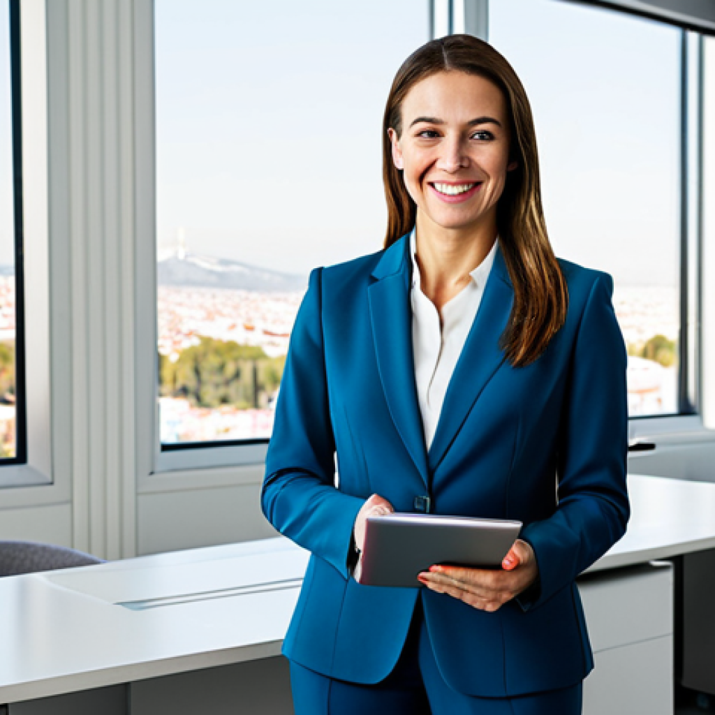 Business Professional**
"A confident businesswoman in a tailored, modest pantsuit, standing in a bright, modern office overlooking Madrid, Spain. She is smiling warmly and holding a tablet. Fully clothed, appropriate attire, safe for work, perfect anatomy, natural proportions, professional photography, high quality."
**