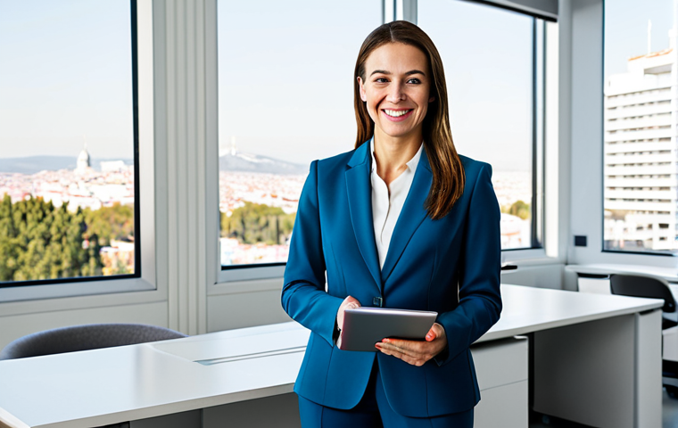 Business Professional**
"A confident businesswoman in a tailored, modest pantsuit, standing in a bright, modern office overlooking Madrid, Spain. She is smiling warmly and holding a tablet. Fully clothed, appropriate attire, safe for work, perfect anatomy, natural proportions, professional photography, high quality."
**