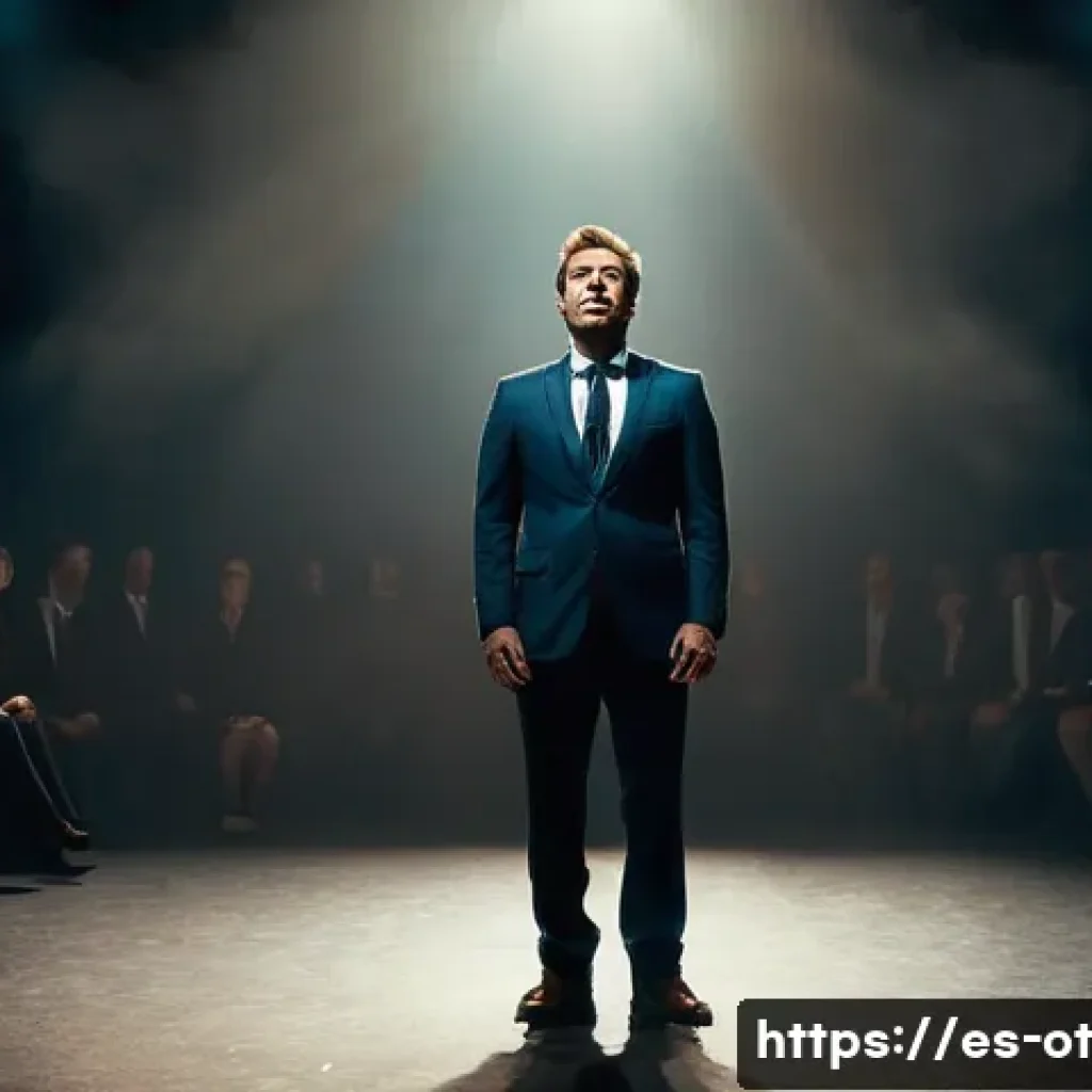 즉흥 스피치에 대한 두려움 극복하기 - **Prompt:** A dynamic, cinematic shot of an adult speaker on a dimly lit stage, initially showing a ...