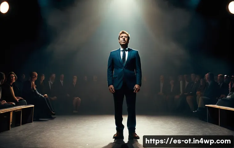 즉흥 스피치에 대한 두려움 극복하기 - **Prompt:** A dynamic, cinematic shot of an adult speaker on a dimly lit stage, initially showing a ...