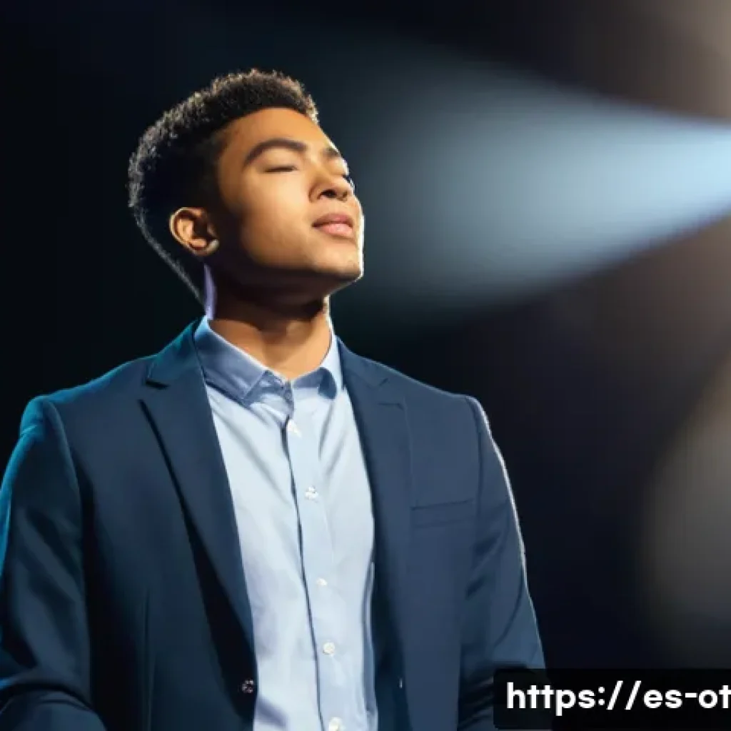 즉흥 스피치의 주제 선정 요령 - **Prompt:** A young adult, around 20-25 years old, of diverse ethnicity, stands on a moderately lit ...