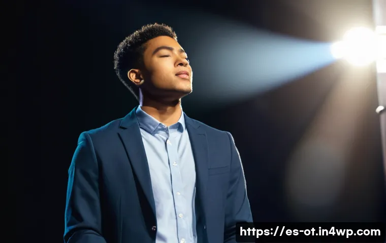 즉흥 스피치의 주제 선정 요령 - **Prompt:** A young adult, around 20-25 years old, of diverse ethnicity, stands on a moderately lit ...