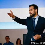 Home 21 즉흥 스피치와 관련된 법적 주의사항 - A professional public speaker on stage at a formal event in Spain, mid-improvisation, wearing smart ...