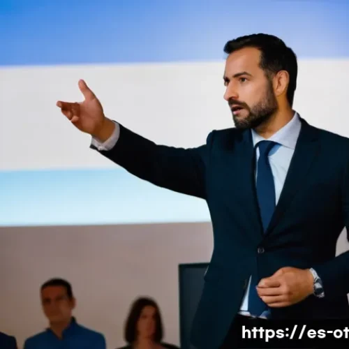 Home 33 즉흥 스피치와 관련된 법적 주의사항 - A professional public speaker on stage at a formal event in Spain, mid-improvisation, wearing smart ...