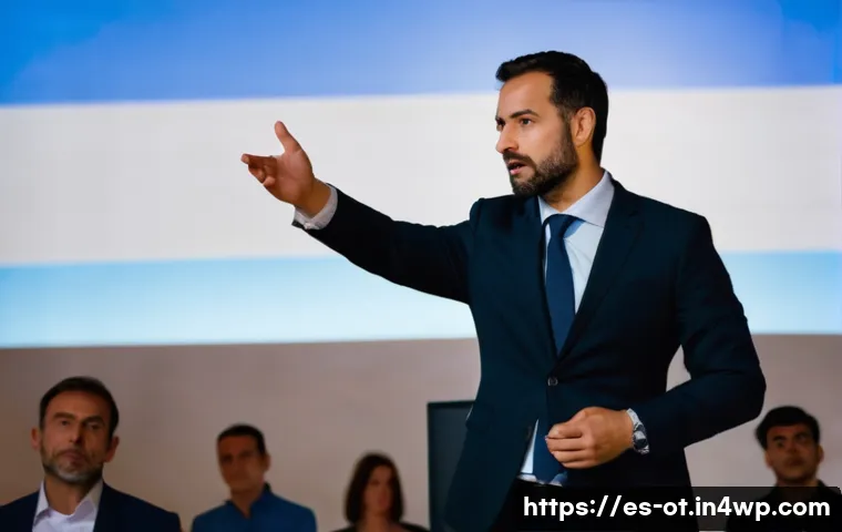 즉흥 스피치와 관련된 법적 주의사항 - A professional public speaker on stage at a formal event in Spain, mid-improvisation, wearing smart ...