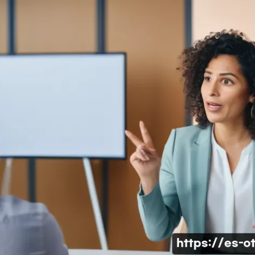 Home 32 즉흥 스피치 준비 방법 - A confident Hispanic woman in her 30s giving an improvised speech in a modern office meeting room, d...