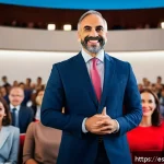 Home 19 즉흥 스피치에서 활용할 수 있는 유머 기술 - A professional conference scene featuring a confident speaker in business attire, standing on stage ...