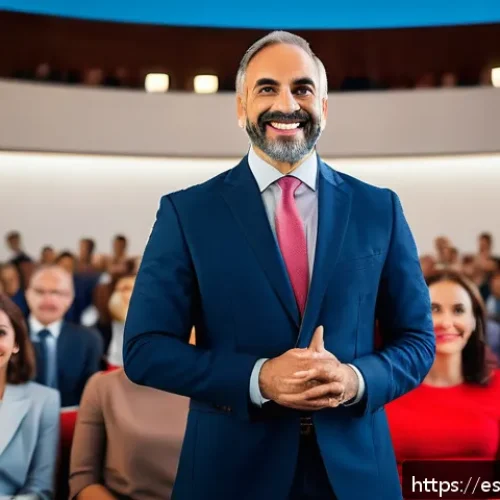 Home 31 즉흥 스피치에서 활용할 수 있는 유머 기술 - A professional conference scene featuring a confident speaker in business attire, standing on stage ...