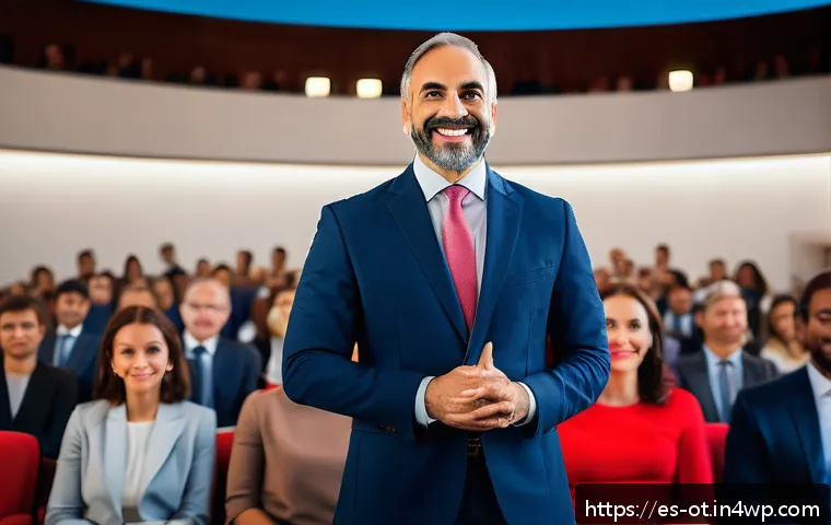 즉흥 스피치에서 활용할 수 있는 유머 기술 - A professional conference scene featuring a confident speaker in business attire, standing on stage ...